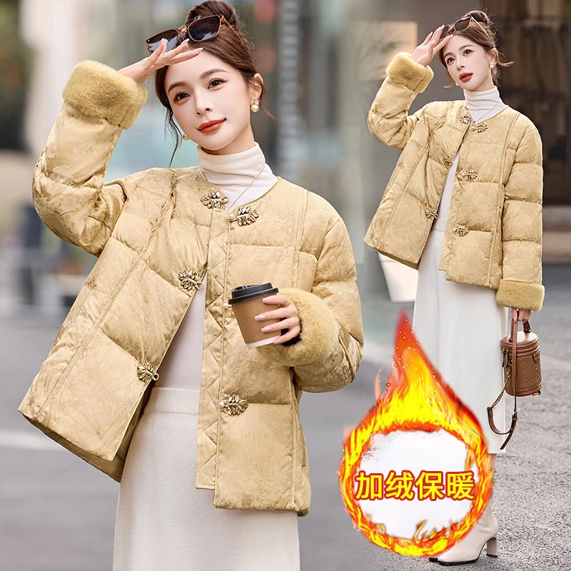 新中式国风毛绒拼接提花羽绒服女2025冬季新款复古盘扣白鸭绒外套