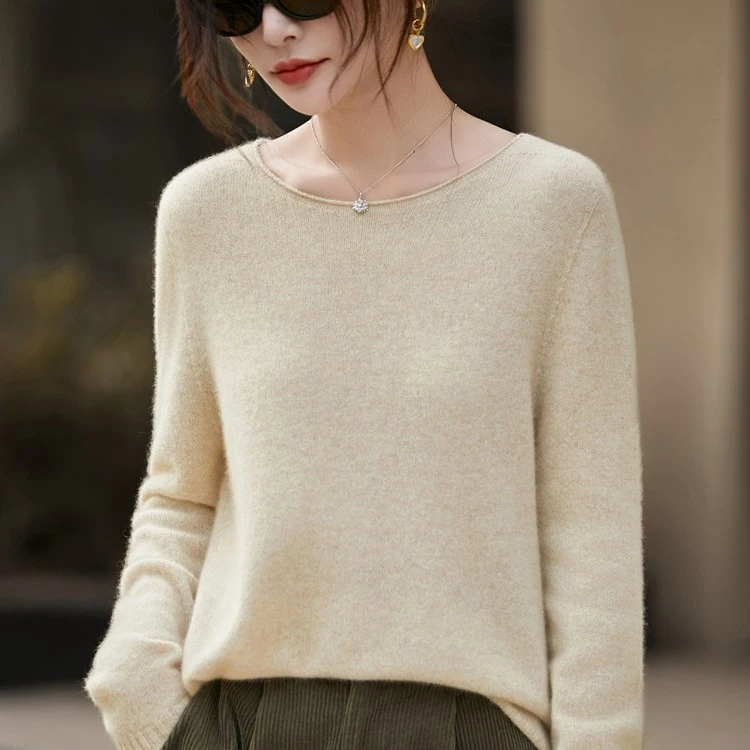 软糯舒适7G无缝100%超细羊毛圆领卷边长袖羊毛衫简约纯色宽松百搭