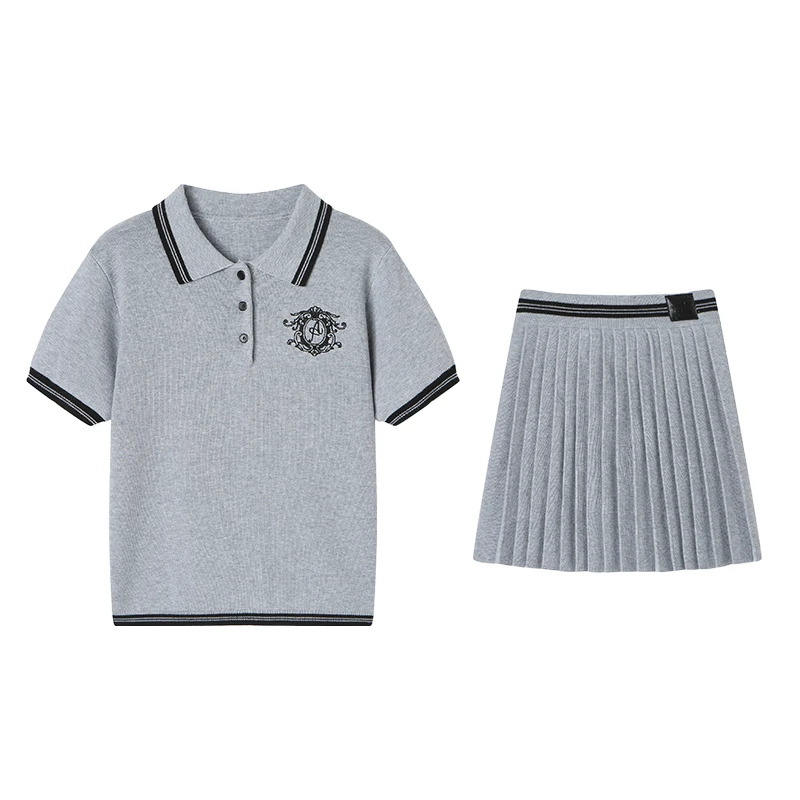 Andrea Martin2025夏季新款时尚套装女短袖翻领T恤百褶半身裙子