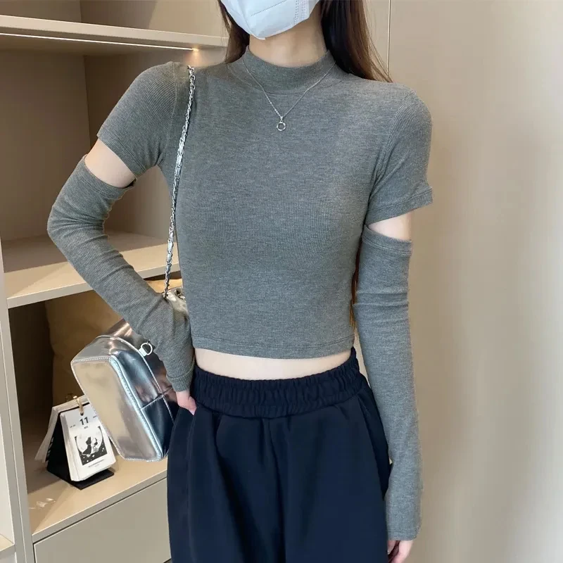 1197-半高领打底衫女秋季内搭修身显瘦上衣短款设计感长袖T恤