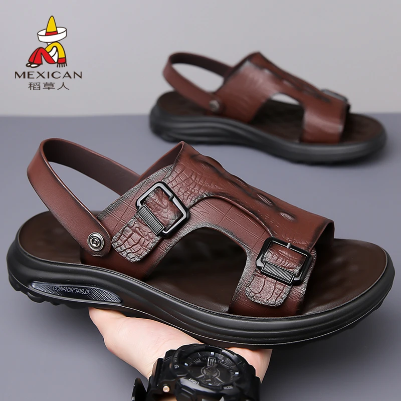 Mexican/稻草人凉鞋男2025夏季新款休闲外穿百塔中年爸爸沙滩鞋男