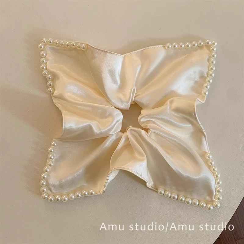 高级感缎面珍珠方巾大肠发圈女气质方形扎头发皮筋低马尾发绳头绳