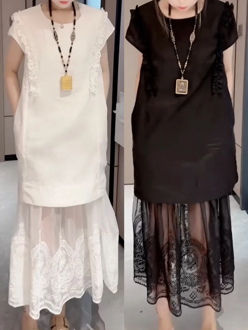 夏季新款时尚重工法式木耳边蕾丝镂空连衣裙洋气拼接短袖中长裙