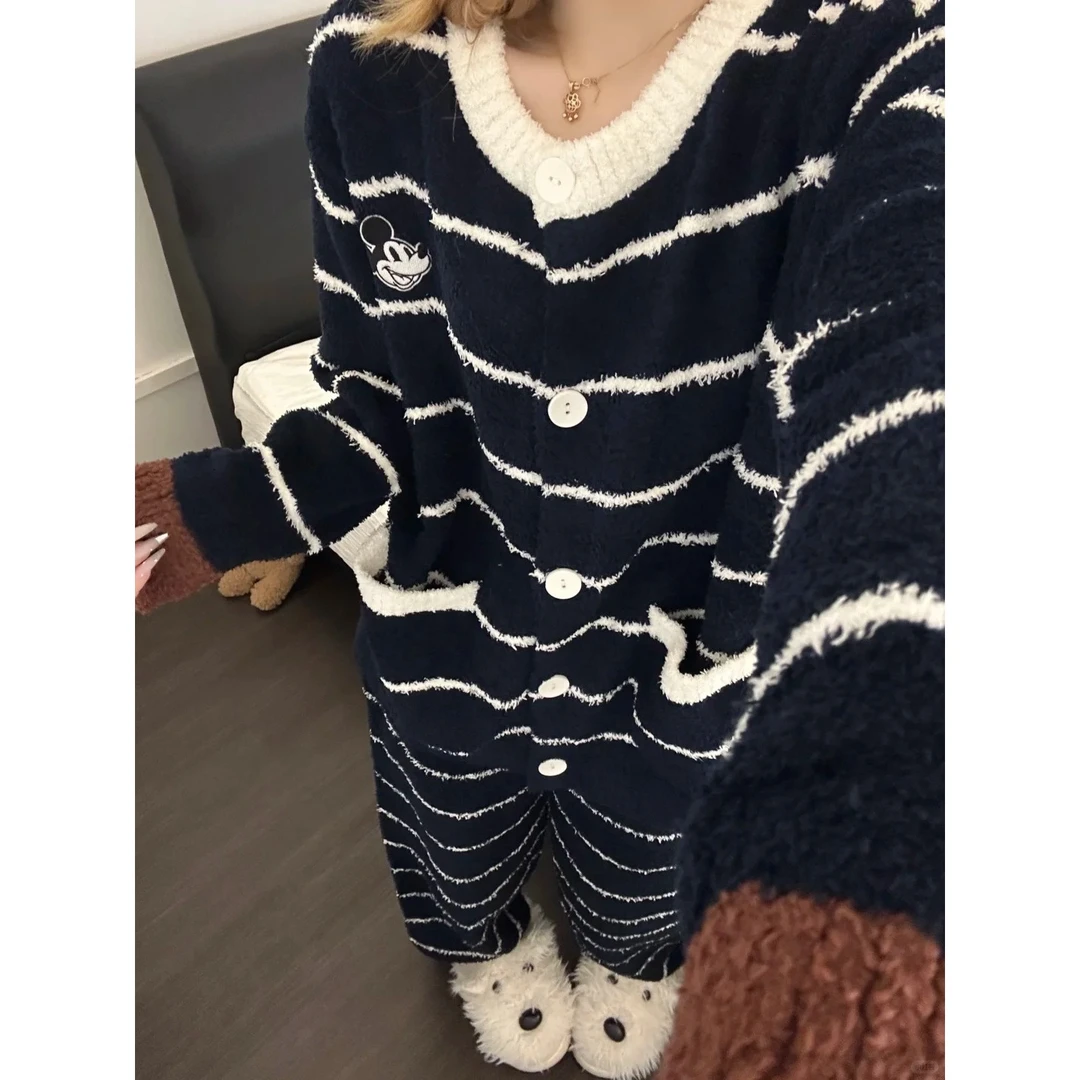 韩系小众卡通米奇条纹针织半边绒睡衣女冬季新款加厚家居服套装