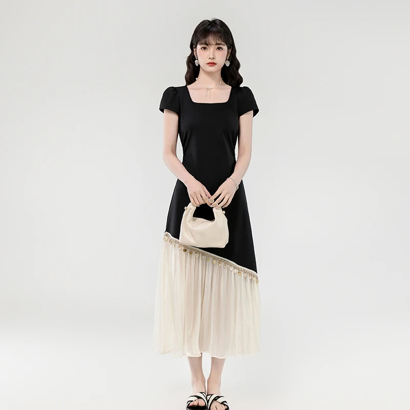 2025夏新款法式方领气质收腰显瘦不规则设计感网纱下摆长款连衣裙