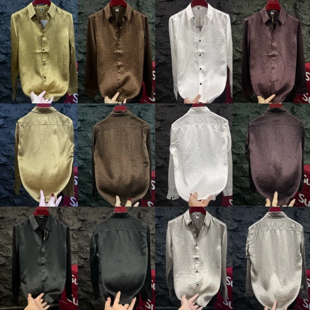 早秋新款男士轻奢醋酸碎纹翻领休闲衬衫长袖