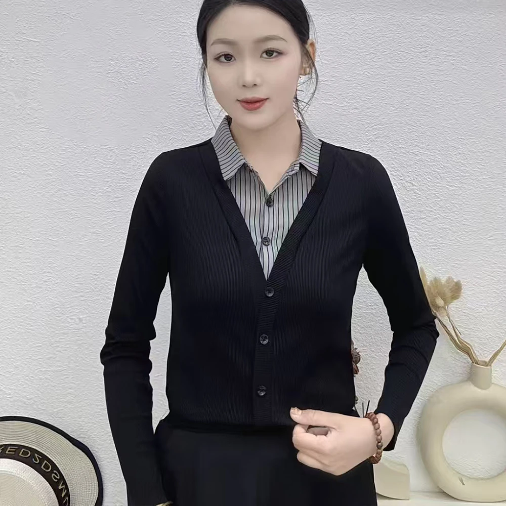 新款春季时尚百搭假两件上衣气质洋气衬衣女宽松遮肉显瘦弹力衬衫