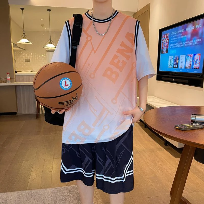 夏季冰丝短袖t恤男孩初中高中学生篮球服套装青少年大童速干球衣