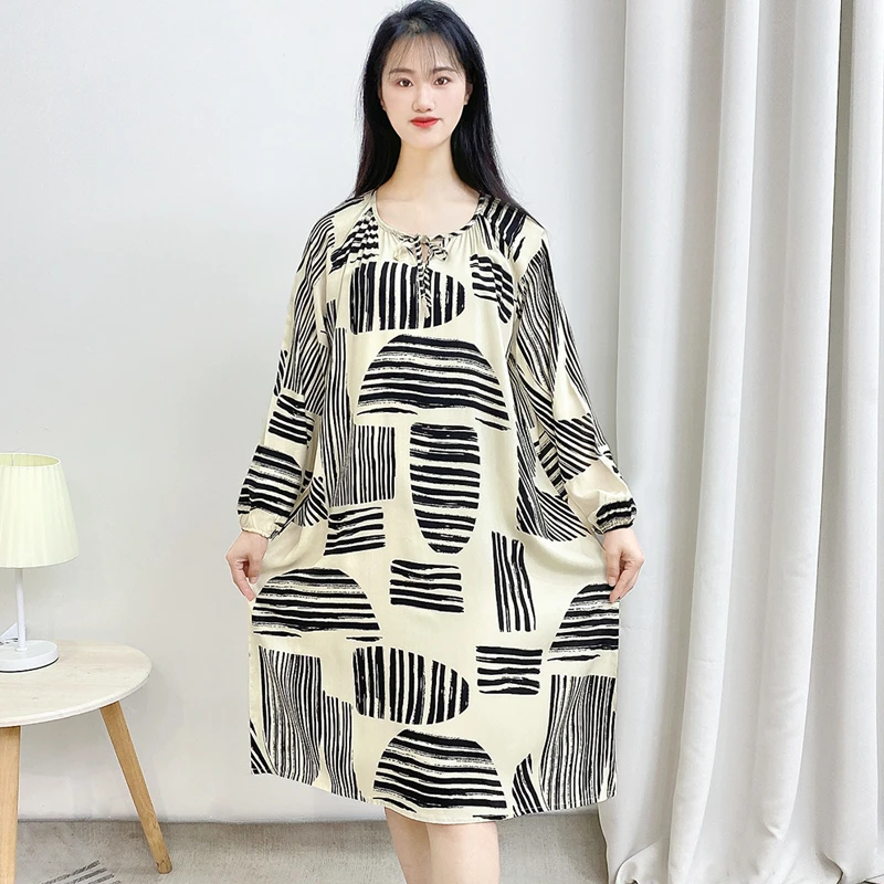 夏季新款长袖棉绸睡裙女不带胸垫冰丝大码连衣裙可外穿家居服Y159