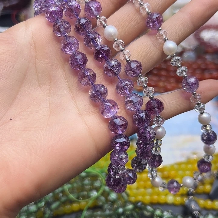 玛瑙/玉髓未镶嵌珠宝半成品T805  9m玫瑰紫阿塞水晶刻面一条