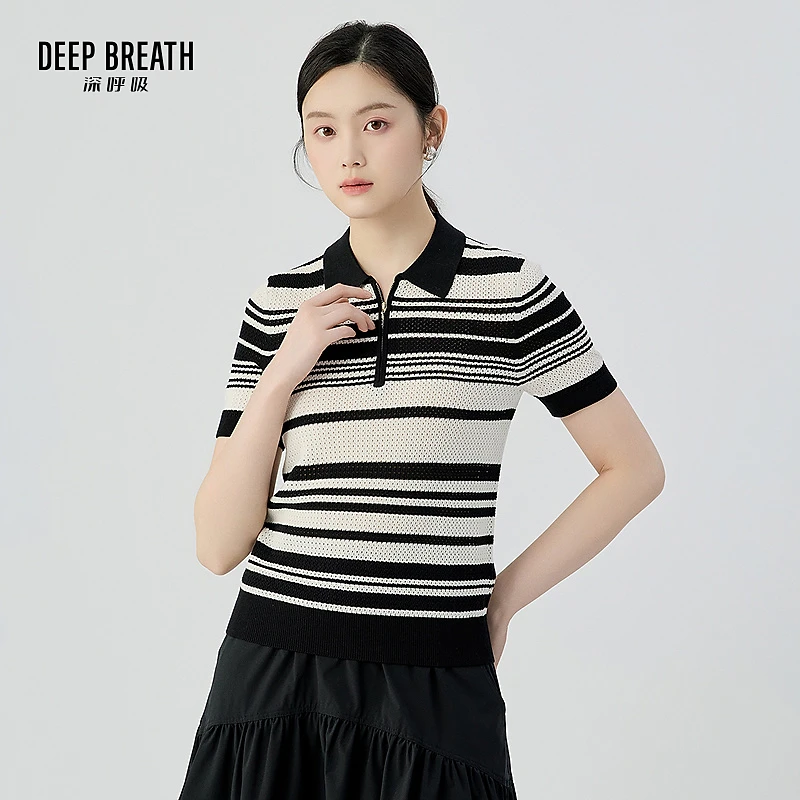 DEEP BREATH深呼吸品质女装拉链POLO领针织衫条纹上衣女A301201