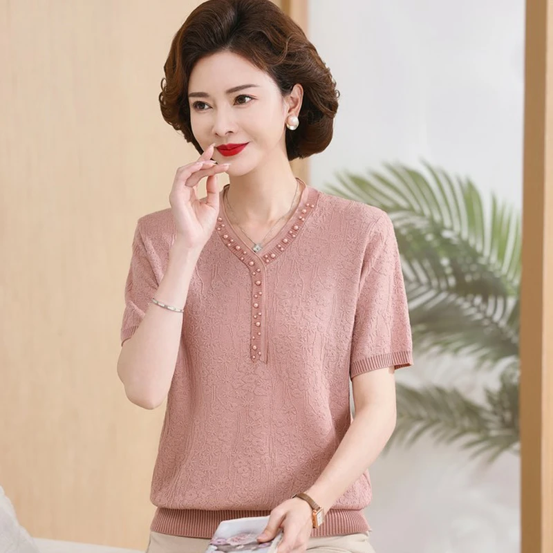 妈妈夏装气质V领钉珠提花冰丝针织衫中老年女洋气时尚宽松薄小衫
