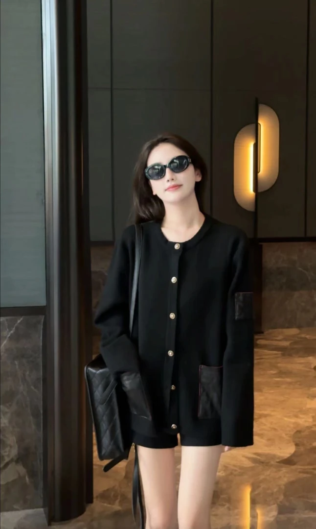 【晚时光】休闲风圆领拼接上衣毛针织衫开衫外套