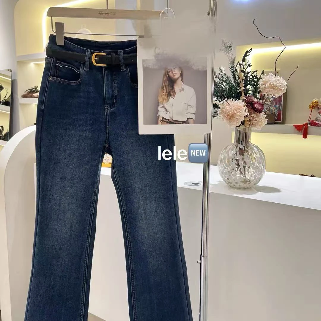 乐乐小铺-冬季加绒高腰显瘦弹力微喇牛仔裤