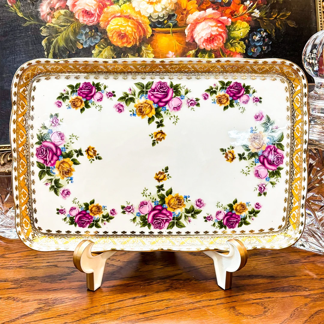 陶瓷托盘复古玫瑰画片欧式长方托盘