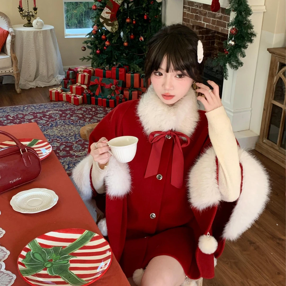冬日协奏曲 织物猪原创 千金感圣诞新年复古红秋冬女斗篷