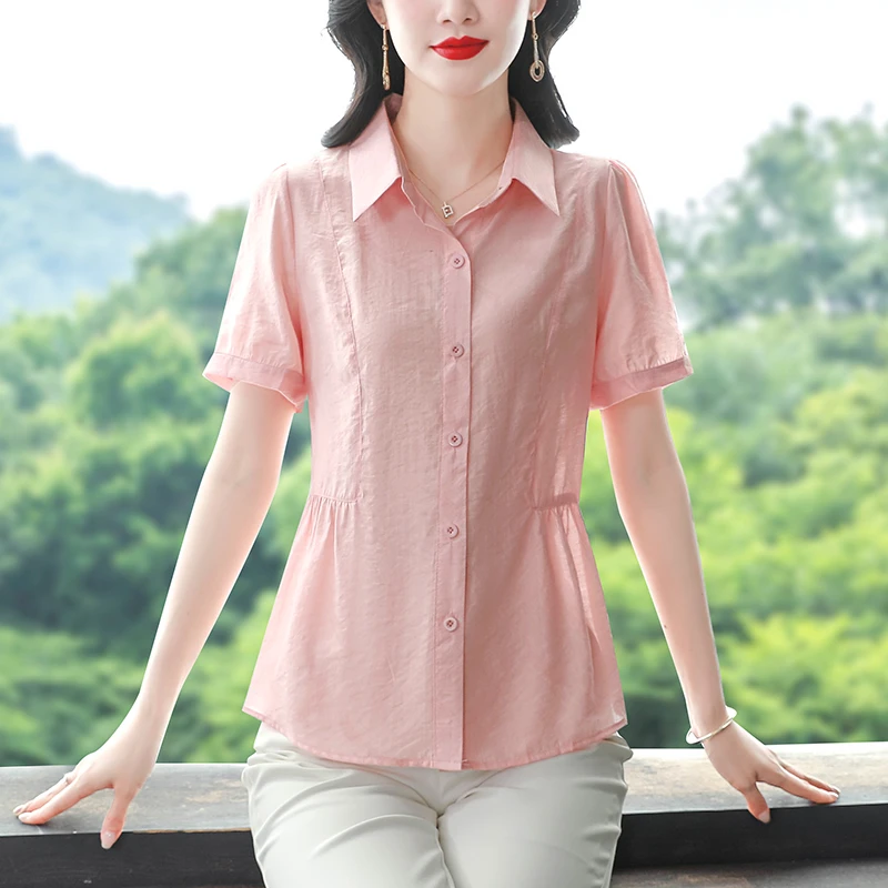 粉色polo领短袖衬衫女士夏季2025新款夏装气质衬衣女宽松百搭上衣