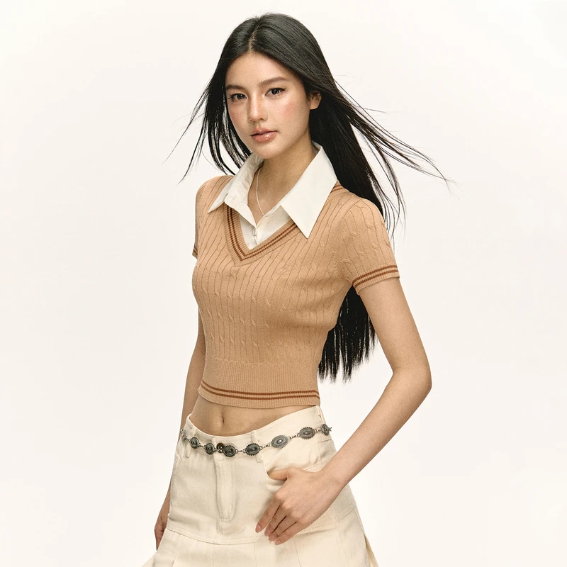 Ariseism 美式复古翻领假两件针织短袖T恤女2025夏季新款修身上衣