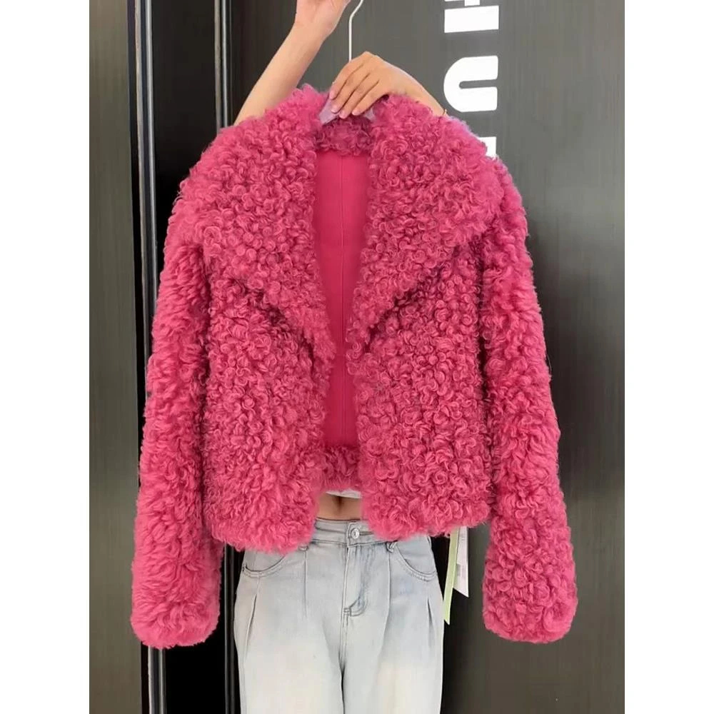 -冬季2025年新款今年流行减龄漂亮洋气玫红色皮毛一体外套女*