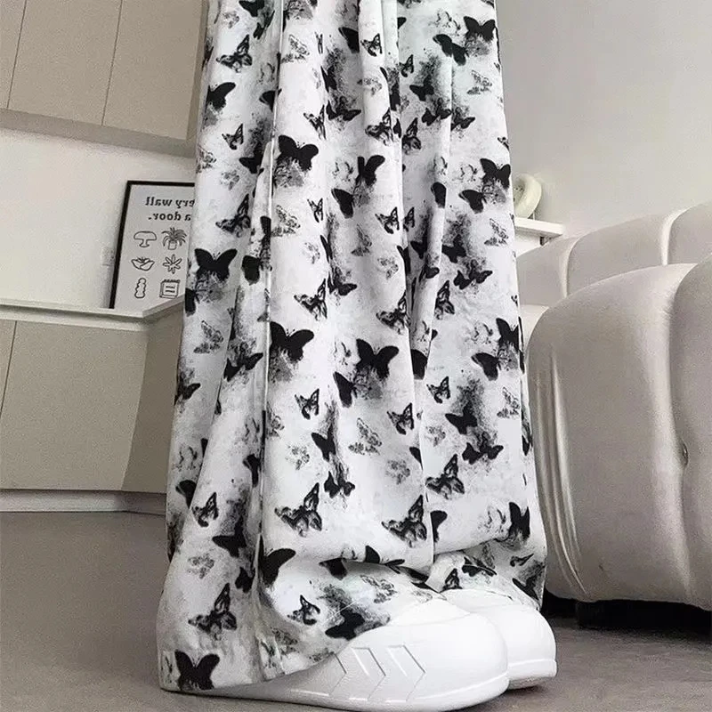 大码85-300斤胖MM新中式国风蝴蝶水墨画扎染冰丝薄款休闲裤女