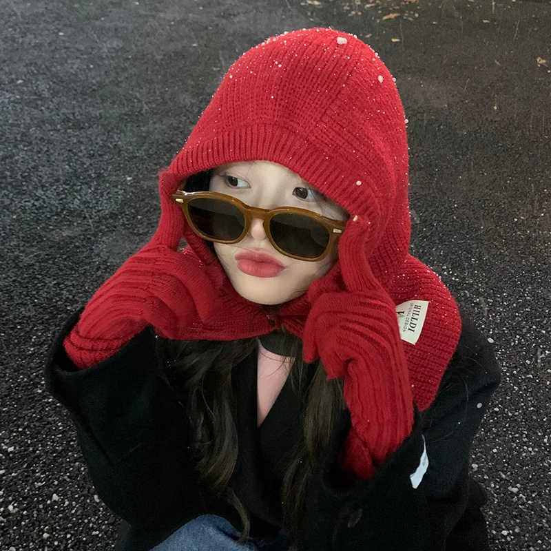 巴拉克拉法帽手套套装秋冬季女红色保暖针织毛线套头帽子围脖一体