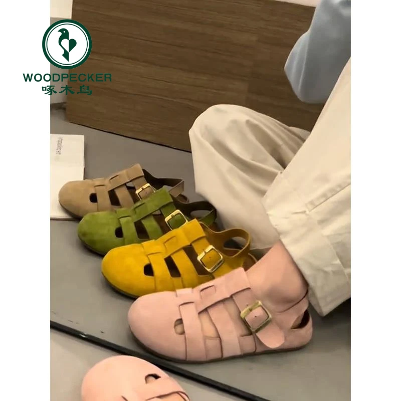 啄木鸟包头罗马凉鞋女2025夏季新款厚底编织勃肯凉鞋软底镂空女鞋