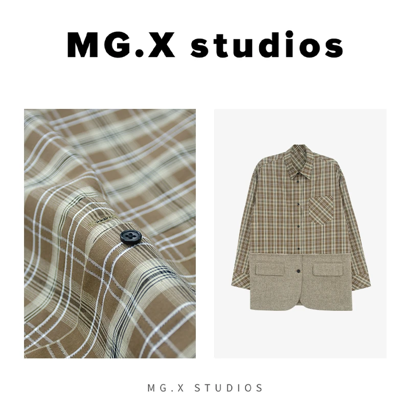 【百里纺】MGX 时尚百搭衬衫女宽松显瘦休闲简约格子拼接上衣外套潮