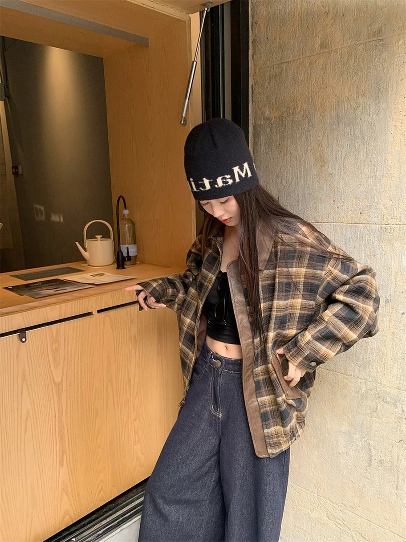 美式复古翻领格子外套女2025春季设计感小众宽松百搭夹克上衣潮牌