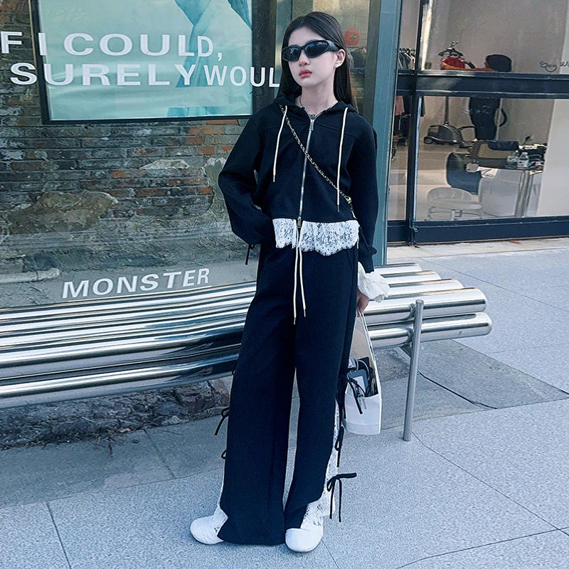 女童2025春秋穿搭休闲运动套装连帽时尚洋气蕾丝拼接卫衣阔腿裤潮