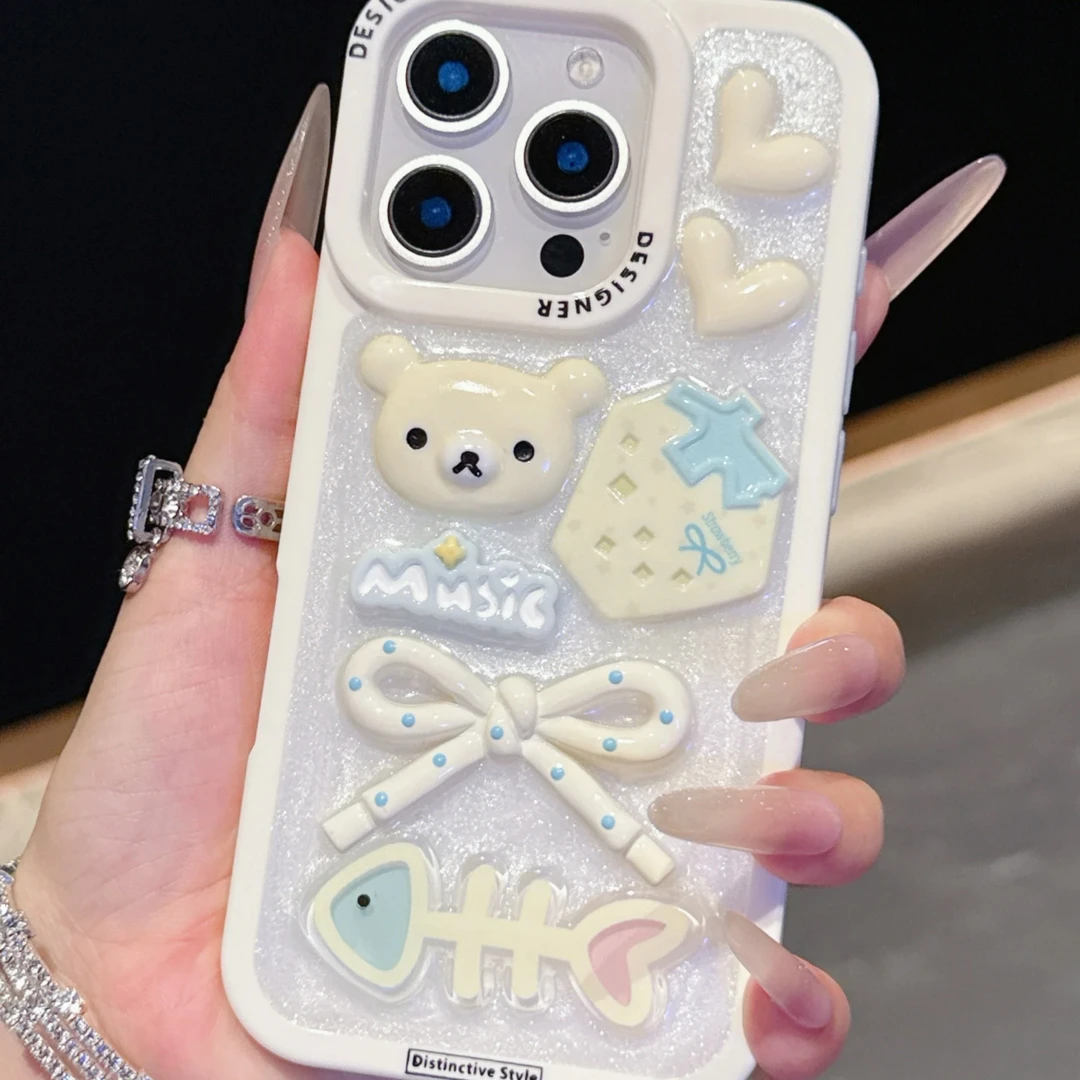 白边蝴蝶结小熊适用iPhone16手机壳防摔苹果15promax14网红13高级