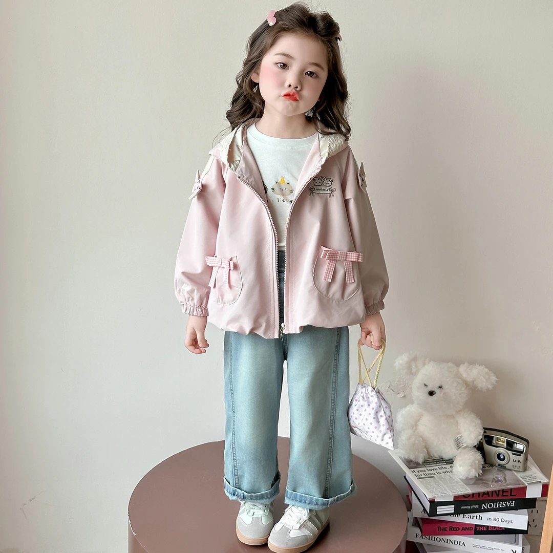 韩版女童洋气蝴蝶结口袋外套2025新款儿童秋装小女孩百搭连帽上衣
