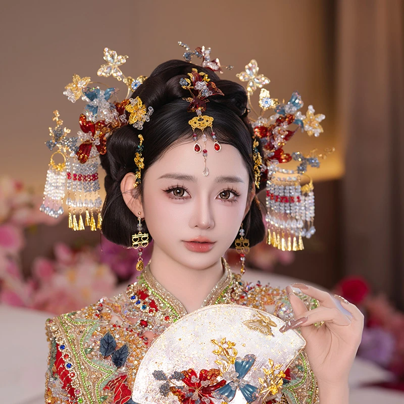合金婚庆饰品 新中式新娘发饰红色手工秀禾旗袍汉服结婚头饰G0198