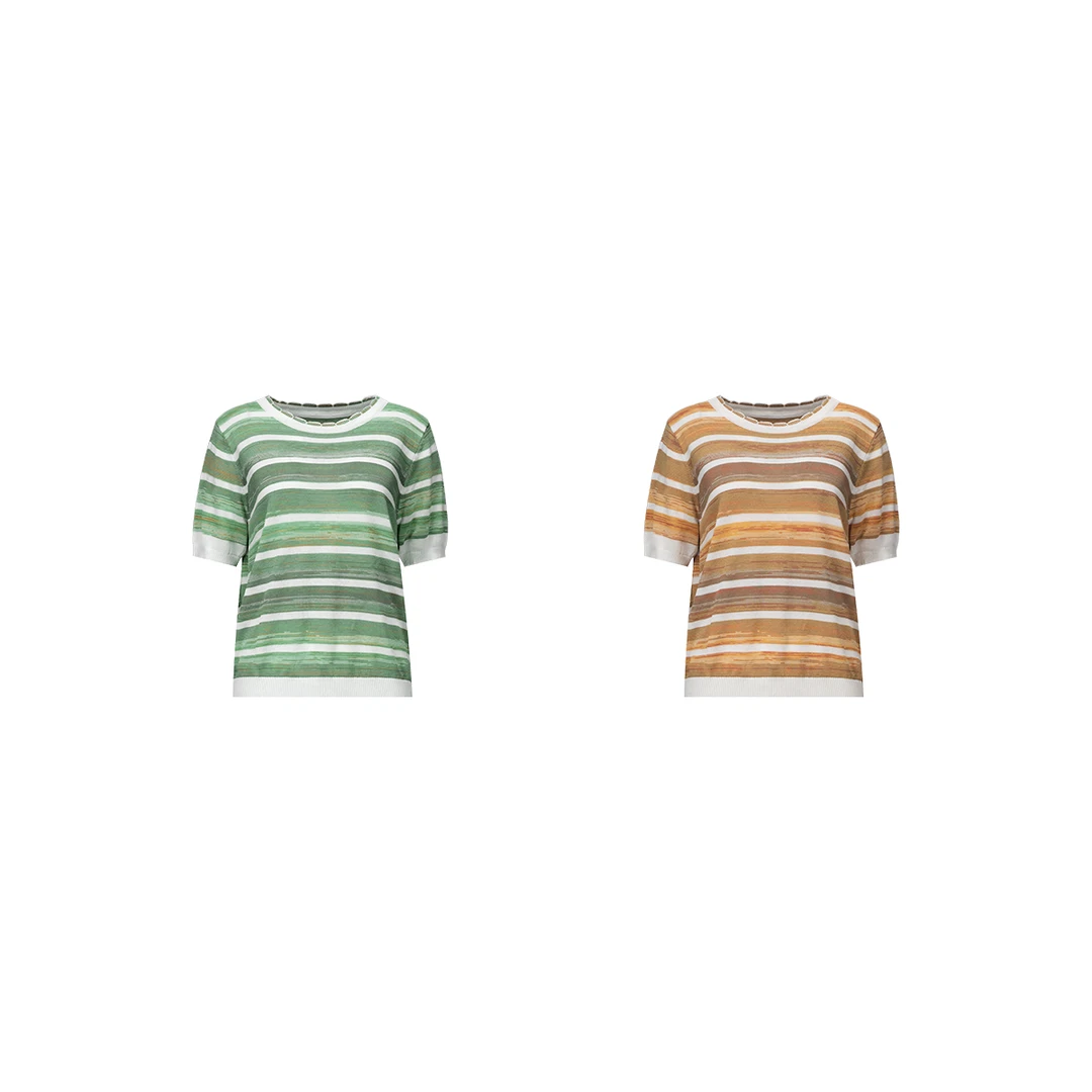 【多巴胺条纹竹节T 】月牙圆领彩条针织弹力衫短袖上衣WT42FFU026