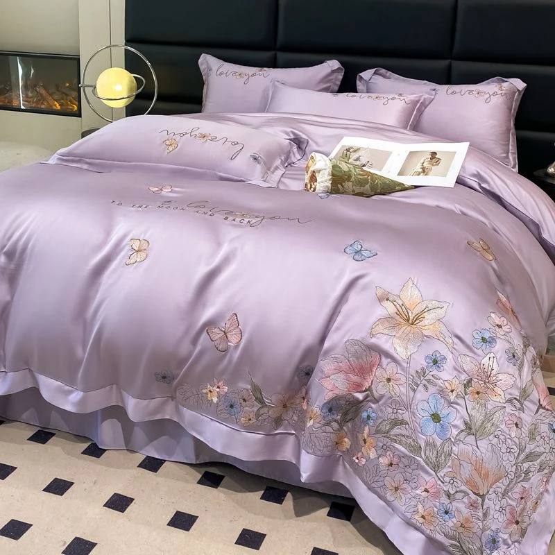 轻奢雪莲水洗真丝刺绣四件套裸睡床单丝滑被套床上用品重工件套