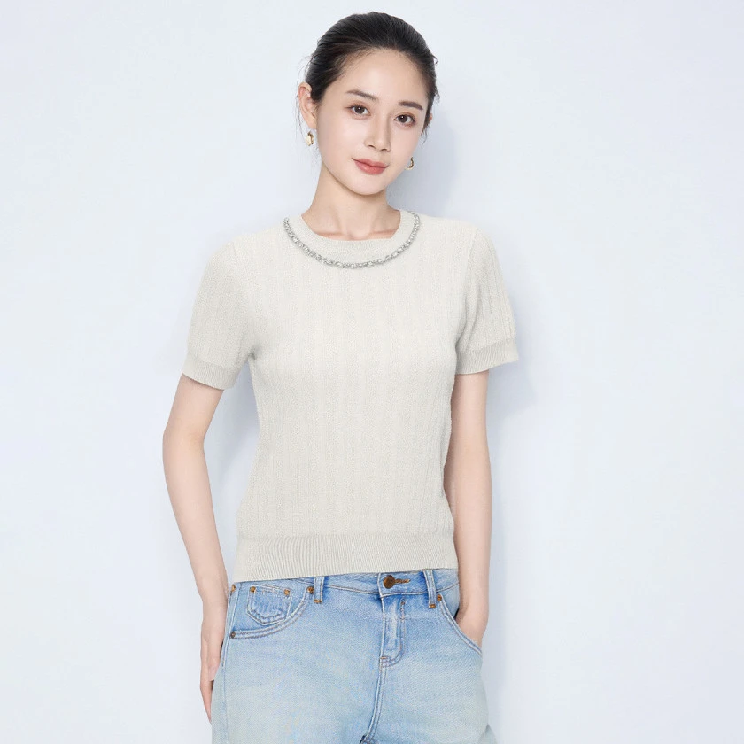 【微微专属】宽松显瘦钉珠设计提花减龄女式轻薄针织衫VHS862SWH0
