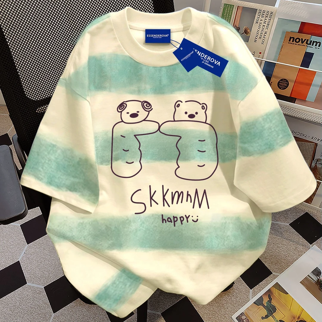 100%纯棉扎染渐变条纹短袖t恤男女夏季爆款中性显瘦百搭情侣上衣