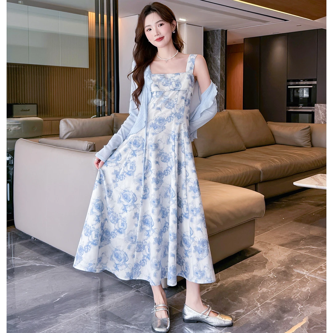 D1098 唐狮2025夏季女吊带长款全身印花收腰韩系两件套连衣裙