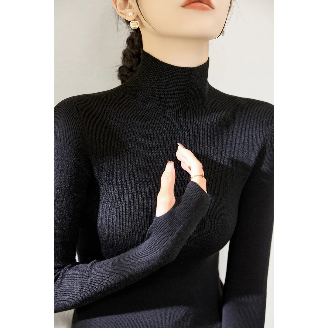 黑色半高领针织打底衫女装冬季新款高级感内搭修身显瘦套手指上衣