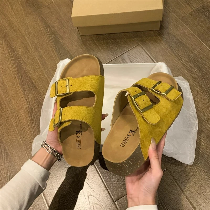 【运费补贴】【断码链接：001-060】复古博肯搭扣厚底松糕拖鞋女韩版