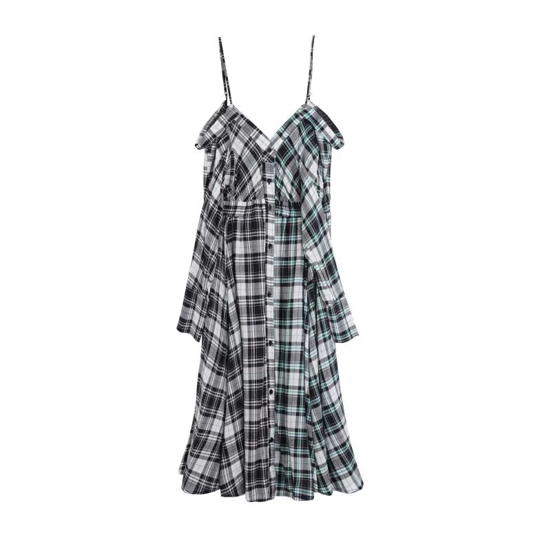 【DD外贸】日系品牌 夏季新款 C 格纹露肩吊带拼接设计感女装连衣裙