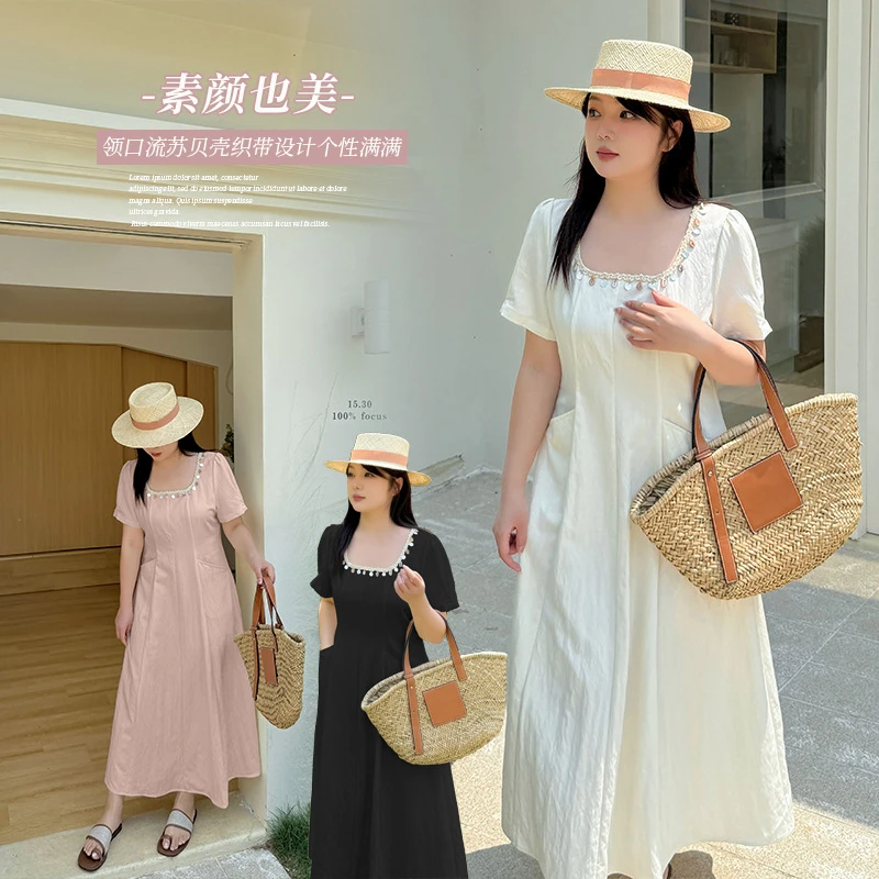 复古新款显瘦夏季大码优雅a字型收腰中长款女装大码显瘦连衣裙