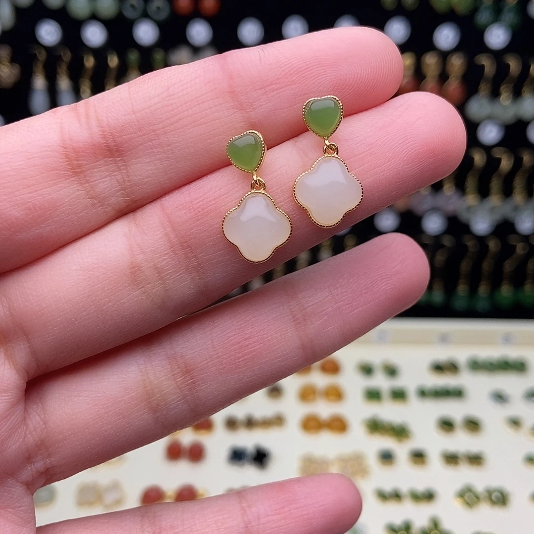 和田玉银S925镀金镶嵌耳饰