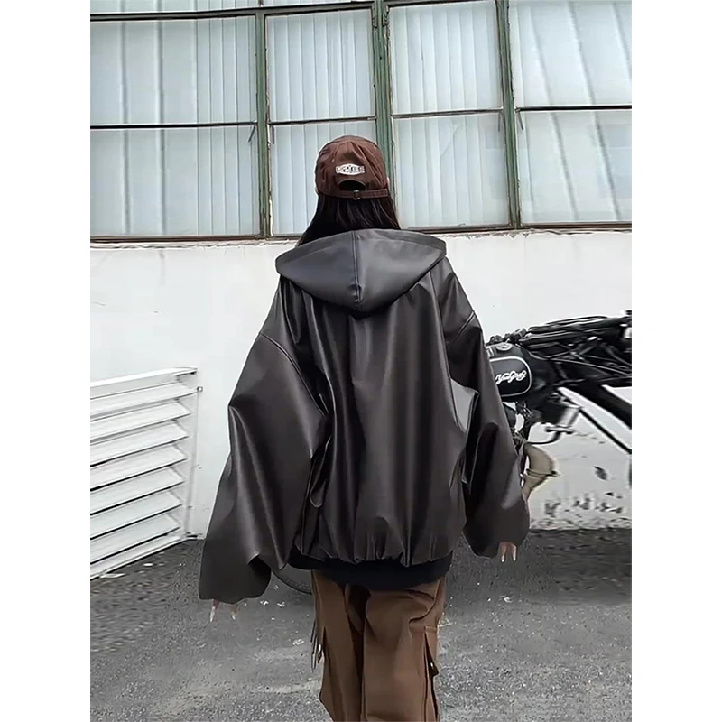 美式复古连帽皮衣外套男春秋款痞帅高级感机车服潮牌PU皮卫衣夹克