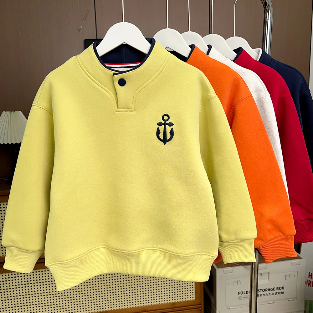 男童秋冬时尚船锚刺绣开领加绒卫衣儿童中大童休闲上衣MT24205