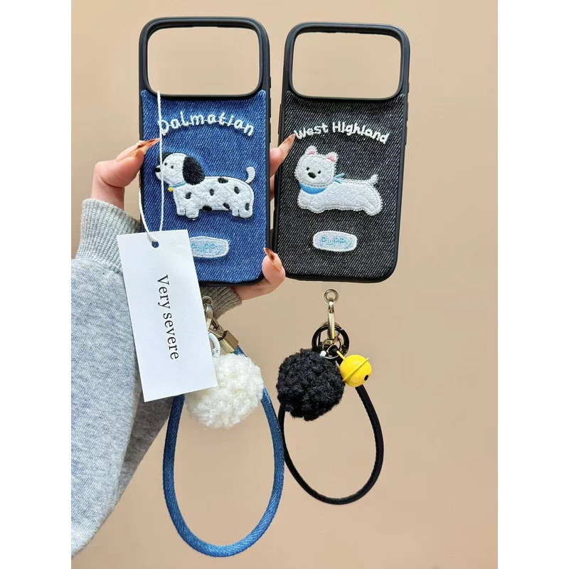 复古牛仔刺绣狗狗猫咪手拎绳适用苹果17promax手机壳15iphone16
