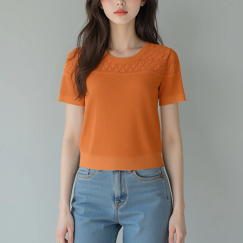【100%天丝】夏季女士薄款宽松短款套头显瘦镂空钩花圆领短袖针织衫