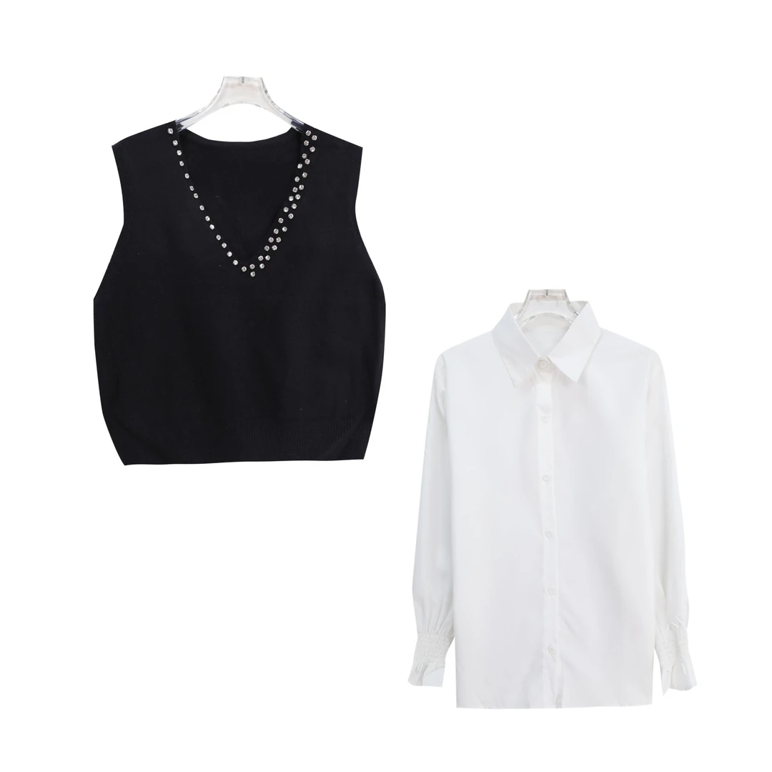 S时尚v领无袖针织马甲叠穿长袖长袖衬衫两件套S4849