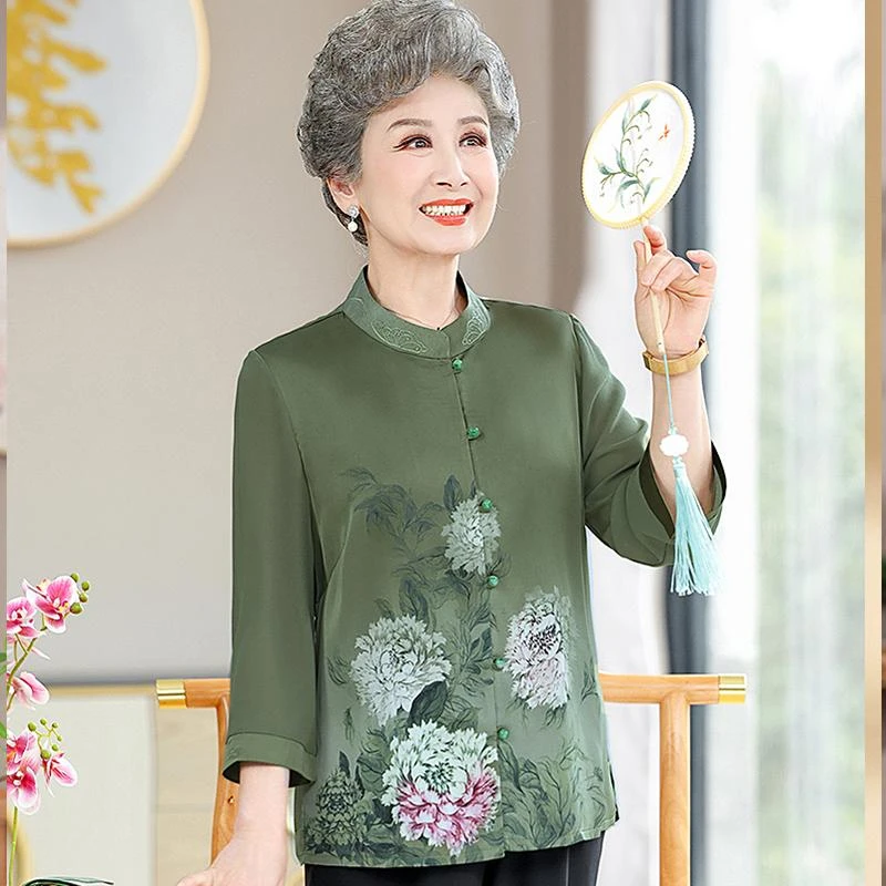 F342中老年人夏装女妈妈纱袖衬衫奶奶夏装上衣洋气衬衣老人老太太