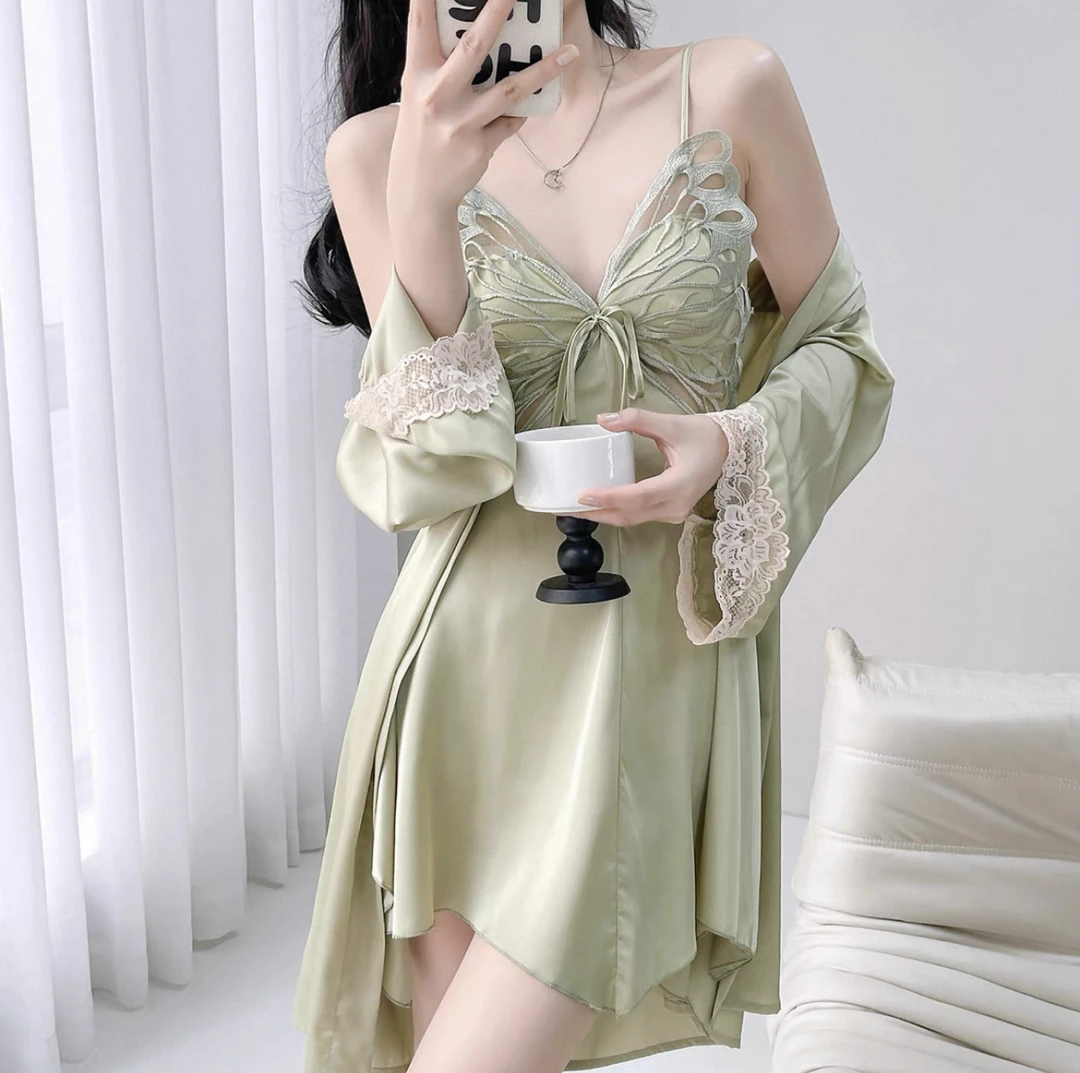2025蝴蝶睡裙大露背冰丝吊带夏季家居服性感蕾丝纯欲吊带睡裙