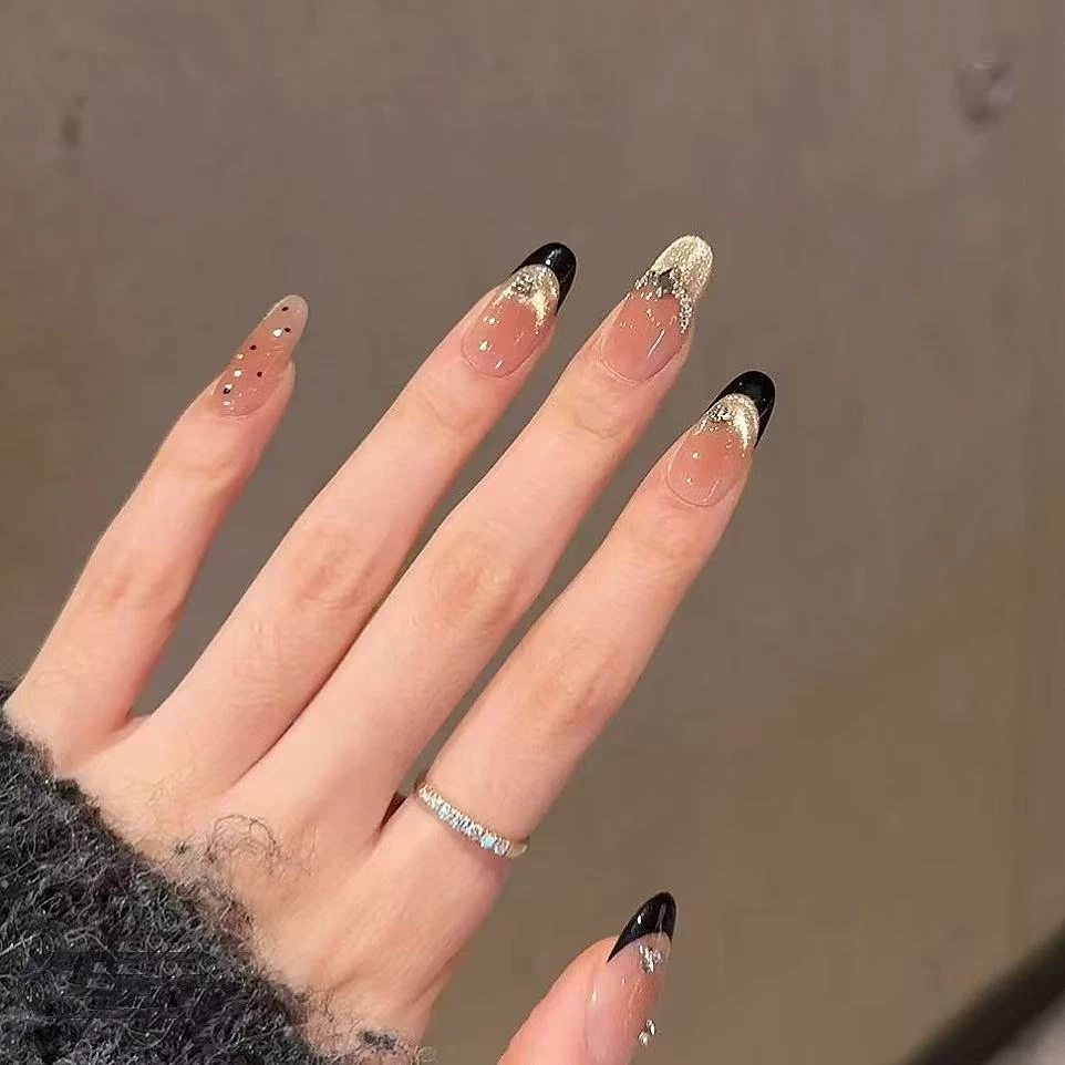 黑金法式纯手工光疗美甲贴果冻贴片指甲穿戴甲简约梯形重复